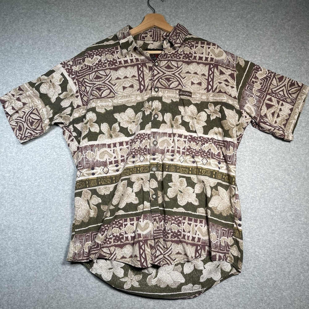 VTG Local Motion Hawaiian Shirt L Made in Hawaii Tribal Floral‎ Earth Tone Aloha